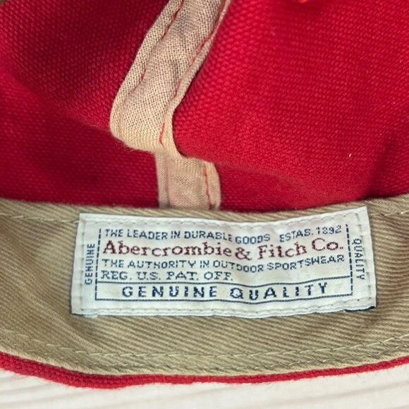 VTG Abercrombie & Fitch Hat Spellout Cap Red Heavy Canvas Leather Strap 80s USA - Picture 11 of 13